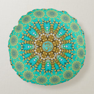 Turquoise Aqua Goud Boheemian Mandala OM Yoga Rond Kussen
