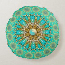 Turquoise Aqua Goud Yin Yang Strand Mandala Rond Kussen