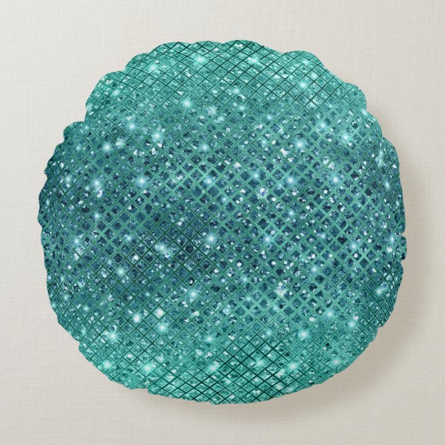 Turquoise Aqua Green Sparkle Rond Kussen (Voorkant)