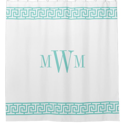 Turquoise Aqua Griekse sleutel J grens Monogram Douchegordijn (Voorkant)