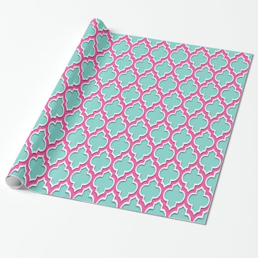 Turquoise Aqua Hot Pink White Moroccan #4DS Cadeaupapier (Uitgerold)