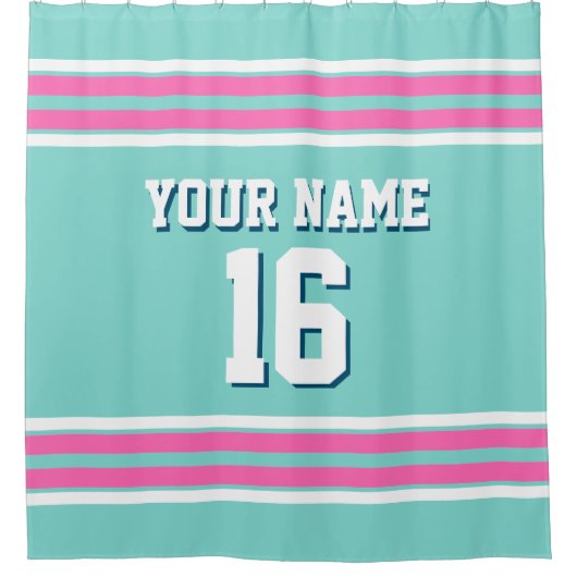 Turquoise Aqua Hot Pink Whripes Sports Jersey Douchegordijn (Voorkant)