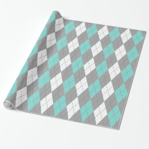 Turquoise Aqua Houtskool Donkergrijs Wit XL Argyle Cadeaupapier