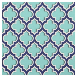 Turquoise Aqua, marineblauw Marokkaans Quatrefoil Stof