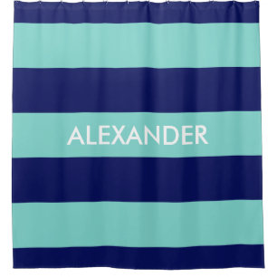 Turquoise Aqua Navy Blauw Bold H Streep #3 Monogra Douchegordijn