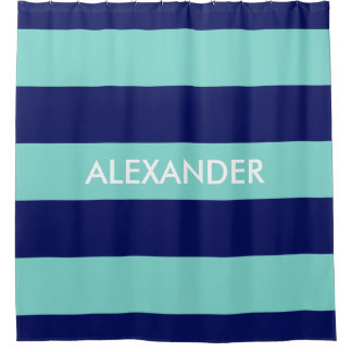Turquoise Aqua Navy Blauw Bold H Streep #3 Monogra Douchegordijn