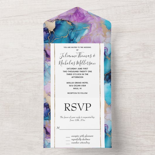 Turquoise Aqua Paarse gouden marmer All In One Uitnodiging (Binnen)