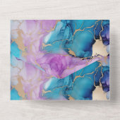 Turquoise Aqua Paarse gouden marmer All In One Uitnodiging (Achterkant)