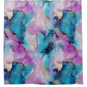 Turquoise Aqua Paarse gouden marmer Douchegordijn (Voorkant)