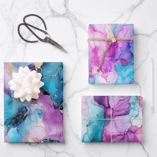 Turquoise Aqua Paarse gouden marmer Inpakpapier Vel (Voorkant)