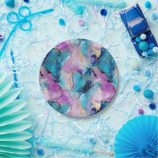 Turquoise Aqua Paarse gouden marmer Papieren Bordje (Feest)