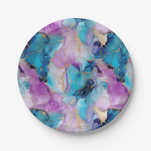 Turquoise Aqua Paarse gouden marmer Papieren Bordje (Voorkant)