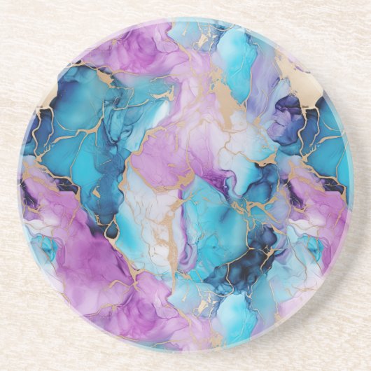 Turquoise Aqua Paarse gouden marmer Zandsteen Onderzetter (Voorkant)