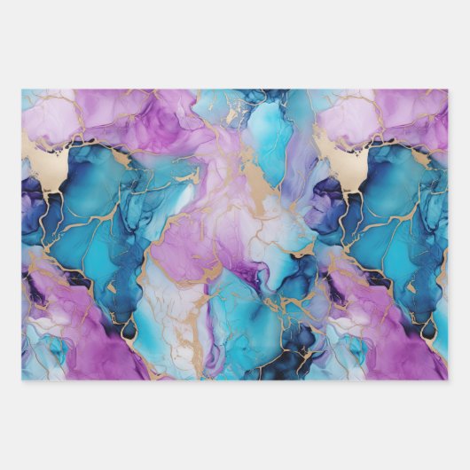Turquoise Aqua Paarse roze marmeren verjaardag Inpakpapier Vel (Voorkant 3)