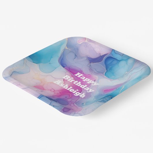 Turquoise Aqua Paarse roze marmeren verjaardag Papieren Bordje (Gebogen)