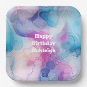 Turquoise Aqua Paarse roze marmeren verjaardag Papieren Bordje (Voorkant)