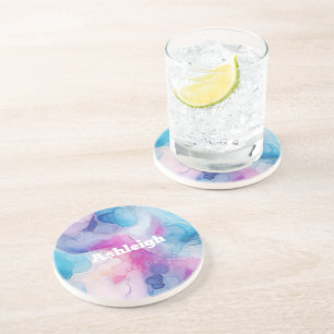 Turquoise Aqua Paarse roze marmeren verjaardag Zandsteen Onderzetter