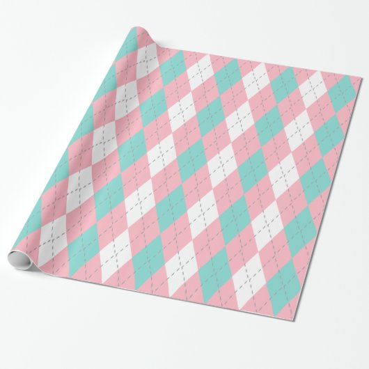 Turquoise Aqua Pink Dk Gray Wht XL Argyle Cadeaupapier (Uitgerold)