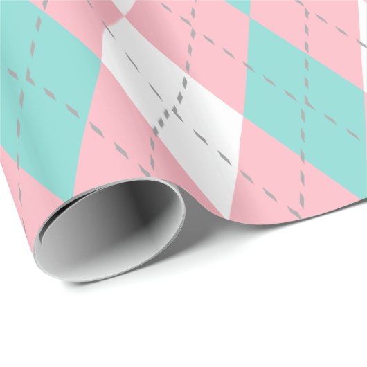 Turquoise Aqua Pink Dk Gray Wht XL Argyle Cadeaupapier (Rol Hoek)