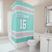 Turquoise Aqua Pink White Stripes Sporttrui Douchegordijn (In situ)
