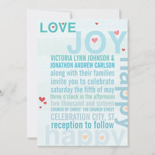 Turquoise Aqua Red Heart Modern Typography Wedding Kaart (Voorkant)