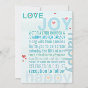 Turquoise Aqua Red Heart Modern Typography Wedding Kaart