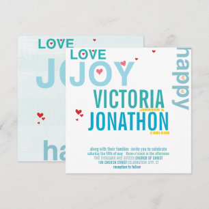 Turquoise Aqua Red Heart Modern Typography Wedding Kaart