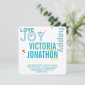Turquoise Aqua Red Heart Modern Typography Wedding Kaart (Staand voorkant)