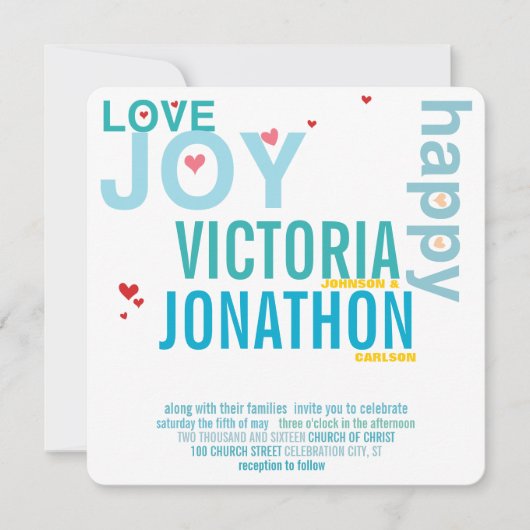 Turquoise Aqua Red Heart Modern Typography Wedding Kaart (Voorkant)