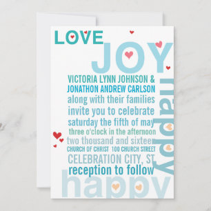 Turquoise Aqua Red Heart Modern Typography Wedding Kaart