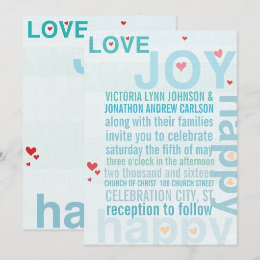 Turquoise Aqua Red Heart Modern Typography Wedding Kaart (Voorkant / Achterkant)