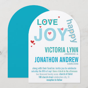 Turquoise Aqua Red Heart Modern Typography Wedding Kaart