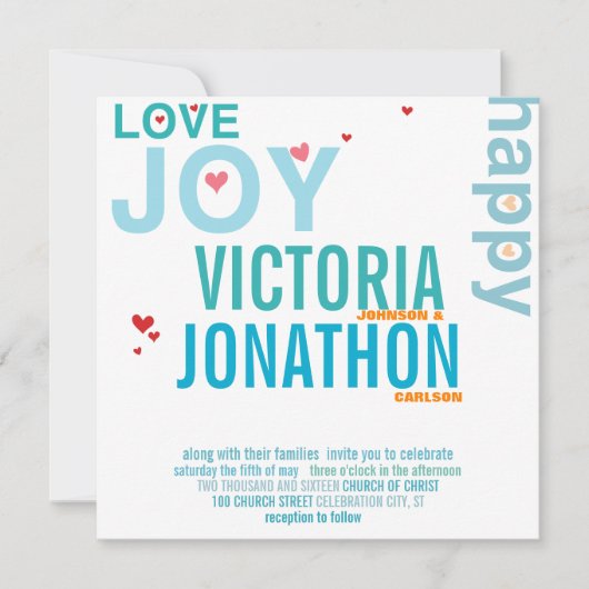 Turquoise Aqua Red Heart Modern Typography Wedding Kaart (Voorkant)