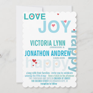 Turquoise Aqua Red Heart Modern Typography Wedding Kaart