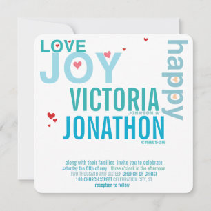 Turquoise Aqua Red Heart Modern Typography Wedding Kaart