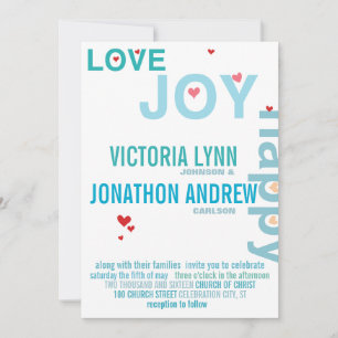 Turquoise Aqua Red Heart Modern Typography Wedding Kaart
