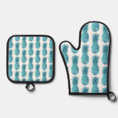 Turquoise Aqua tropische ananas Ovenwant & Pannenlap Set (Voorkant)