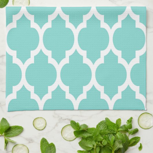Turquoise Aqua Whit Moroccan Quatrefoil Pattern #4 Theedoek (Gevouwen)