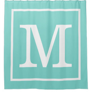 Turquoise Aqua White Framed XL Initiaal Monogram Douchegordijn