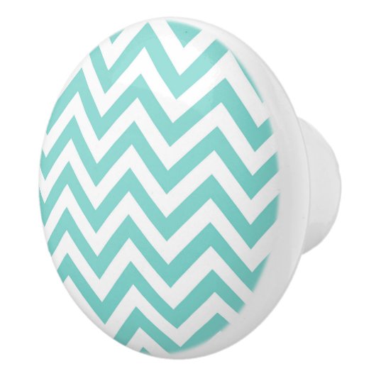 Turquoise Aqua White Large Chevron ZigZag Pattern Keramische Knop (Rechts)