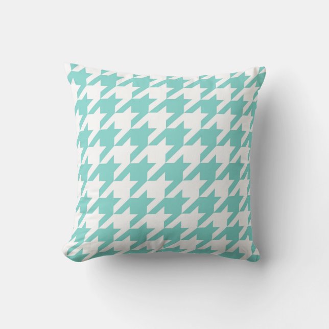 Turquoise / Aqua, White Large Houndstooth Pattern Kussen (Voorkant)
