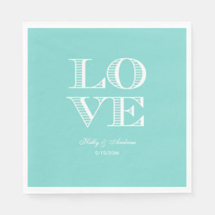 Turquoise Aqua, White LOVE Napkins Servetten