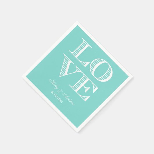 Turquoise Aqua, White LOVE Servetten (Hoek)
