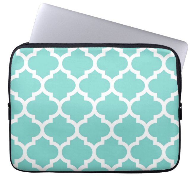 Turquoise Aqua Wht Moroccan Quatrefoil Pattern #5 Laptop Sleeve (Voorkant)