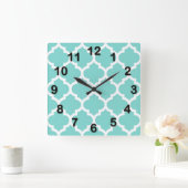Turquoise Aqua Wht Moroccan Quatrefoil Pattern #5 Vierkante Klok (Huis)