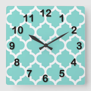 Turquoise Aqua Wht Moroccan Quatrefoil Pattern #5 Vierkante Klok