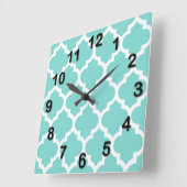 Turquoise Aqua Wht Moroccan Quatrefoil Pattern #5 Vierkante Klok (Hoek)