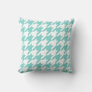 Turquoise / Aqua, Wit Groot Houndstooth Patroon Kussen