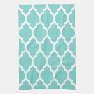 Turquoise Aqua Wit Marokkaans Quatrefoil Patroon # Theedoek