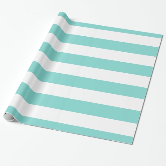 Turquoise Aqua, Wit XL Strepenpatroon Cadeaupapier (Uitgerold)